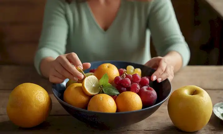 Fruta fresca con colores vibrantes, mujer disfrutando de un aperitivo, manos sosteniendo un tazón, iluminación cálida, enfoque suave en la fruta, fondo borroso, ajuste de mesa rústica, elementos naturales como hojas o flores, atmósfera acogedor