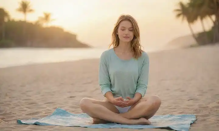 Persona suavemente iluminada sentada en una playa tranquila al atardecer, con las manos suavemente colocadas en los muslos, los ojos cerrados y suave sonrisa; olas suavemente chocando en el fondo, palmas balanceando pacíficamente; sutil niebla subiendo de la arena; colores calmantes como azul pastel, beige arenoso y verde suave