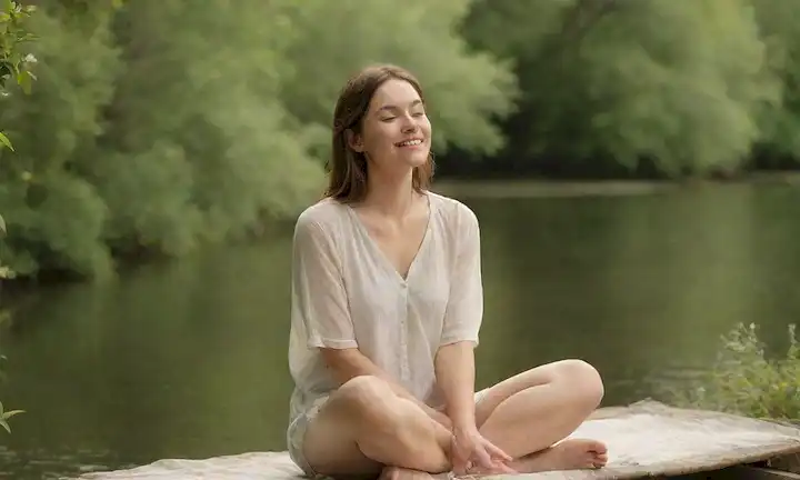Una persona sentada en un entorno tranquilo al aire libre, rodeada de exuberante vegetación y aguas tranquilas; sosteniendo una sonrisa serena; los ojos cerrados; las manos relajadas en el regazo; suave luz solar filtrando a través de árboles; nubes blancas suaves a la deriva; aire lleno de flores frescas o olores calmantes; sensación general de tranquilidad