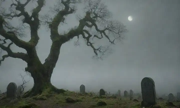 Un bosque oscuro y terroso con árboles gruñedos que se atornillan en el fondo; una figura solitaria de pie en el borde, mirando hacia abajo un marcador de tumba cubierto de musgo y lichen; una luna débil colgando bajo el cielo, arrojando un brillo extraño en la escena; la atmósfera es pesada con dolor y anhelo
