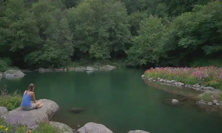 Un paisaje sereno con un río tranquilo, rodeado de frondosos árboles verdes y flores coloridas, con una persona que relaja en una roca o flotando en el agua