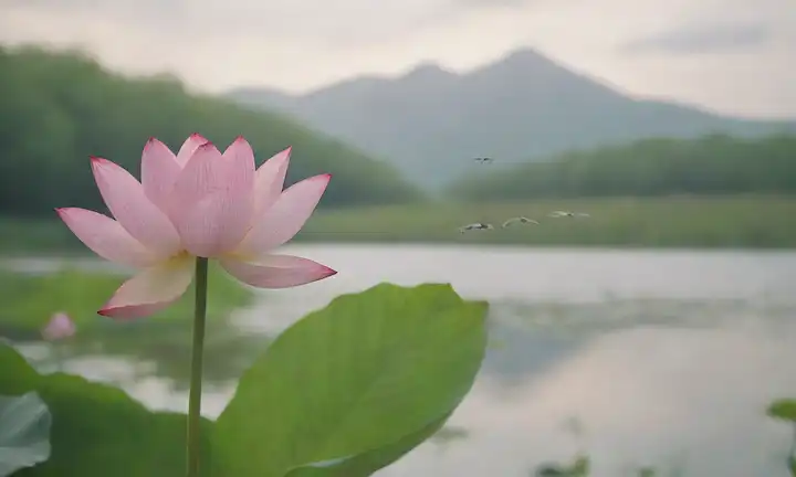 Un paisaje sereno con un río suave fluyendo, una flor de loto floreciente en el centro, colores pastel suaves, la luz solar calmante, nubes brillantes, y algunas aves volando lejos de la escena, transmitiendo un sentido de paz y tranquilidad