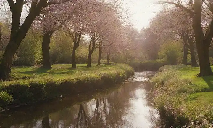 Un tranquilo paisaje sereno con un jardín floreciente, unas cuantas aves volando libremente, una suave corriente fluyendo, suave luz solar filtrando a través de los árboles, un ambiente tranquilo