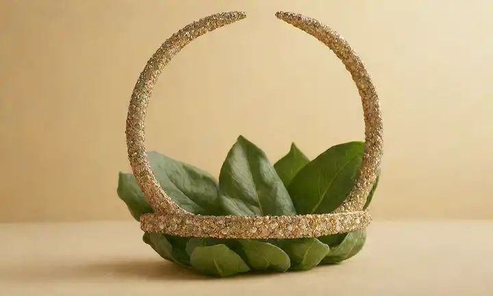 Una corona de espinacas verde vibrante, rodeada de una forma de luna crescente dorada, con delicados cristales de calcio suspendidos en el aire medio, con un fondo suave de color crema, adornado con sutiles patrones de hoja, e infundido con la cálida luz del sol