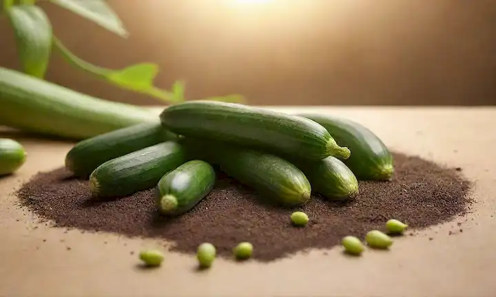 semillas de calabacín diseminadas sobre un fondo de color natural, con algunos brotes emergentes de las semillas, un pequeño tazón o recipiente en la esquina lleno de más semillas, luz de oro caliente iluminando la escena, algunas hojas verdes frescas sutilmente borrosas en el fondo, un sentido de frescura y nutrición transportado
