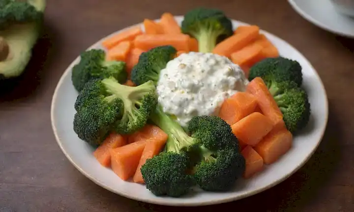 Una fotografía de tono cálido de un plato vibrante y colorido de comida con abundantes floritas de brócoli verde