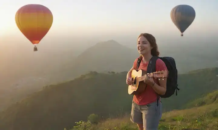 Un joven de pie en un pico de montaña al amanecer, sonriendo con libertad y alegría, rodeado de exuberante vegetación, sosteniendo una guitarra o pincel, con un globo de aire caliente o parapente en el fondo, simbolizando tomar riesgos y vivir la vida al máximo