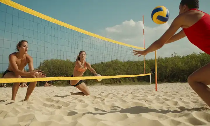 Jugadores de voleibol de playa en acción, un jugador de voleibol sentado enfocado en la bola, un disparo de cerca de un brazo de arañazos, una red con jugadores saltando a tiros bloqueados, un fondo con terreno arenoso o pastoso, una explosión de movimiento dinámico y energía