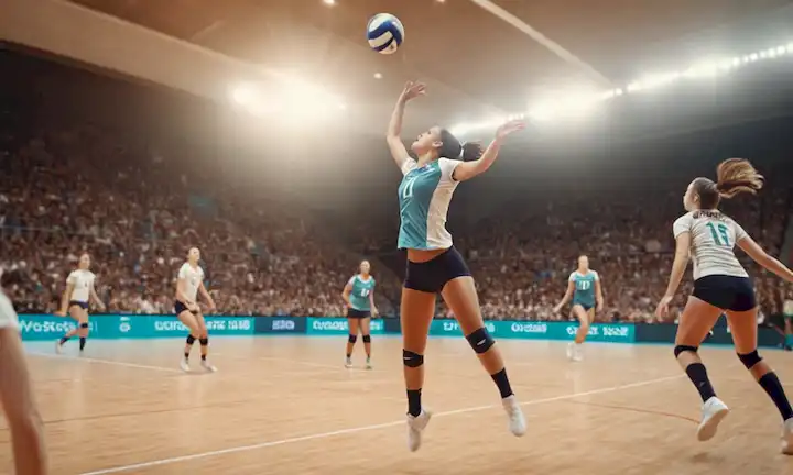 Ilustración 3D de un jugador de voleibol saltando en el aire, balón girando alrededor de su cabeza, compañeros de equipo en el fondo, líneas de corte borrosas, atmósfera del estadio iluminado por el sol, posición dinámica que transmite coordinación y equilibrio