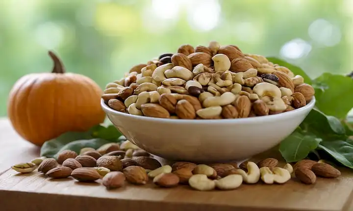 Un tazón lleno de nueces y semillas mezcladas, incluyendo nueces, almendras, semillas de girasol, semillas de calabaza, rodeado de un fondo borroso de verdes frondosos, con unas pocas nueces o semillas de girasol diseminadas sobre una mesa de madera, capturando los tonos cálidos de la luz natural