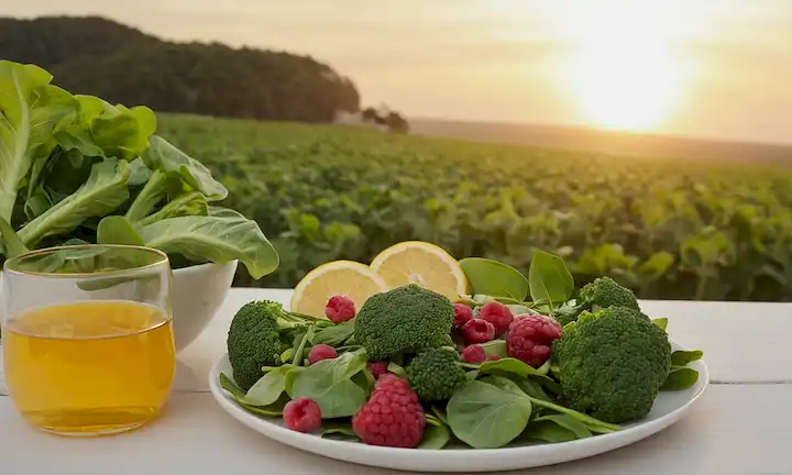 Verduras frescas, como brócoli y espinacas, creciendo en una granja, con un plato de ensalada saludable en primer plano, que contiene cápsulas de aceite de pescado, rodeadas de frutas maduras como bayas y cítricos, contra un fondo cálido de puesta del sol, transportando colores naturales y texturas