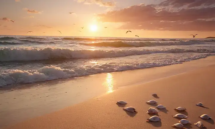 Una tranquila escena oceánica, relajantes colores de puesta del sol, algunas gaviotas volando sobre la cabeza, una suave ola rompiendo en la orilla, una tranquila escena de playa con arena suave y conchas dispersas alrededor, calmante ambiente