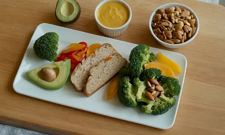 Un plato de verduras frescas como brócoli y pimientos de campana, un tazón de nueces mezcladas como almendras y anacardos, una rebanada de pan integral con rebanadas de aguacate en la parte superior, un vaso de jugo de naranja recién exprimido, un puñado de aceitunas en una tabla de corte de madera, algunos filetes de salmón fresco arreglados en un patrón