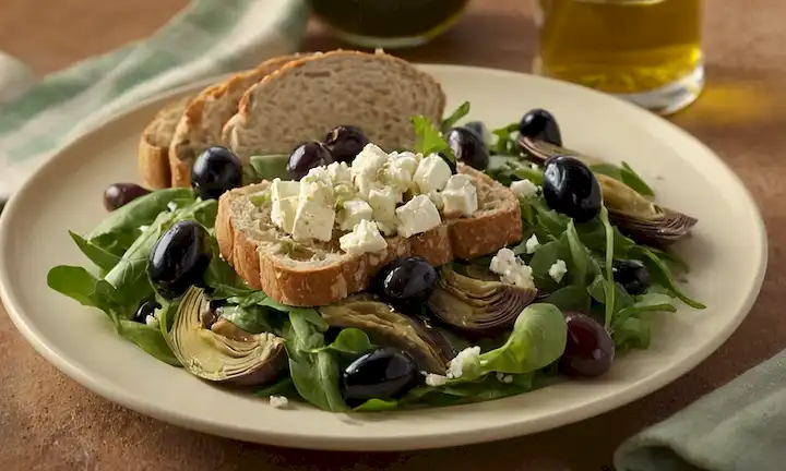 Un plato de ensalada de estilo mediterráneo con verdes mezclados, aceitunas jugosas, corazones de alcachofa, queso defeta desmoronado, y una rodaja de pan integral de grano, con un fondo cálido de color puesta de sol con un efecto sutil gradiente, con una prominente inclusión de aceite de oliva en el centro