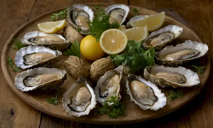 Un plato con ostras recién cortadas, deslumbrado con un aceite de oro, y adornado con rebanadas finas de frutas cítricas, dispuestas artísticamente en un mantel rústico de madera, con algunas ramitas de perejil fresco añadido para el color