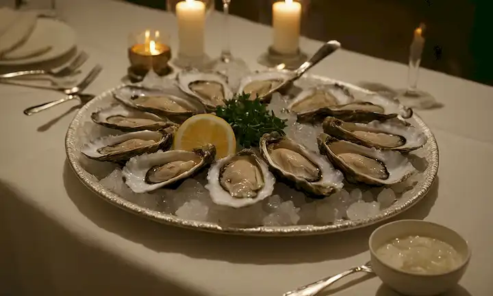 Ostras recién huidas en una cama de hielo, mantel blanco o entorno natural, elegante ambientación de la cena, tenedores y cuchillos delicados, ambiente de vela, sencillez refinada