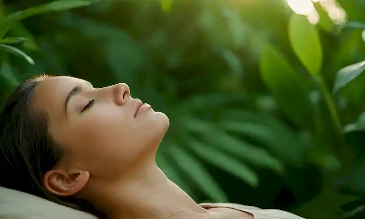 Una persona que se relaja en un ambiente tranquilo, las manos apretadas, los ojos cerrados, rodeado de vegetación exuberante, con sombras sutiles e iluminación cálida, que transmite serenidad e introspección