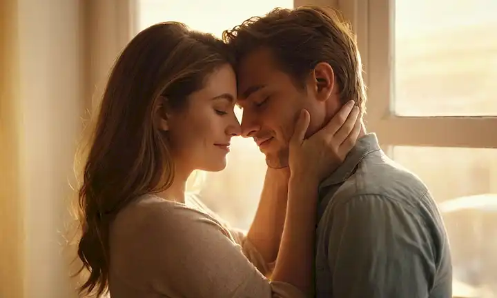 Una pareja abrazando calurosamente con las manos apretadas, luz del sol dorada filtrando a través de una ventana, enfoque suave en su cara, suave sonrisa y ojos cerrados, él suavemente acariciando su cabello, ambiente sereno, intimidad tierna