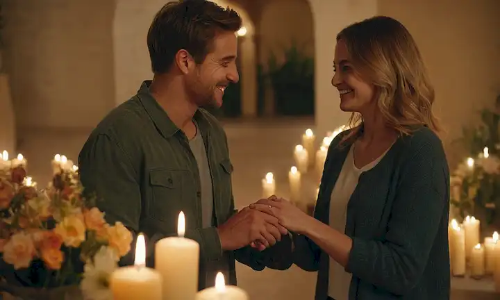 2 personas sujetando las manos, sonriendo, riendo juntos, abrazando, mirando el uno al otro con afecto, rodeado de flores, velas o un ambiente romántico