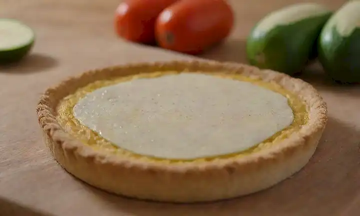 Una rebanada caliente de pastel, corteza dorada abierta para revelar relleno cremoso, queso fresco rociado en la parte superior, puerro tierno y rebanadas de calabacín visible debajo, tablero de madera rústica o placa debajo, enfoque suave con ligero efecto borroso alrededor de los bordes