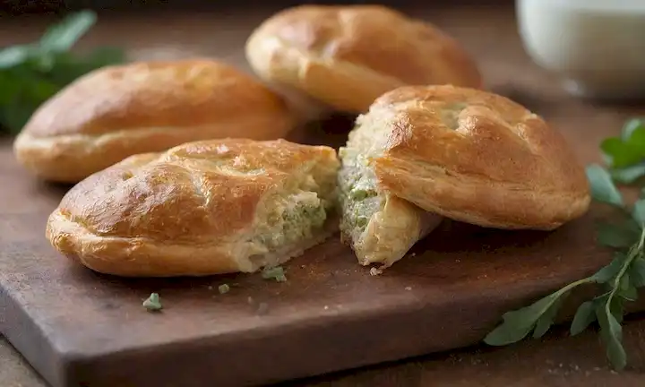 pasteles dorados con costras agrietadas, rebosantes con relleno verde y blanco, ubicados en una mesa de madera rústica, luz natural suave que se derrama desde arriba, con algunas hierbas frescas dispersas alrededor para adornar, fondo ligeramente borroso para centrarse en la pasta, colores cálidos evocando un ambiente acogedor