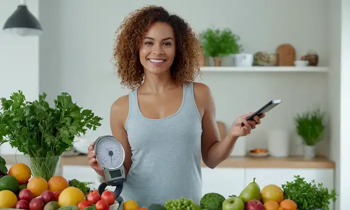 Una mujer de pie en un entorno brillante y natural con vegetación, con ropa activa y una sonrisa cálida, con una cinta de medición o una escala, rodeada de alimentos saludables como frutas y verduras, con un toque sutil de equipo de ejercicio en el fondo, irradiando confianza y positividad, transmitiendo una sensación de logro