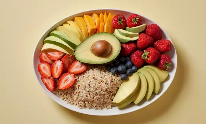 Un plato equilibrado con frutas y verduras coloridas, una fuente de proteína magra como pollo o pescado, granos enteros como arroz integral o quinoa, y grasas saludables como nueces o aguacate, todo arreglado armoniosamente alrededor de un fondo neutro, con un sutil gradiente de colores naturales en la vanguardia