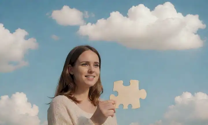Una persona tranquila con una burbuja de pensamiento, sosteniendo una pieza de rompecabezas, rodeada de nubes sutiles o niebla, con colores cálidos como beige y azul suave, transmitiendo un sentido de reflexión interior e incertidumbre, con una sonrisa débil para sugerir resiliencia