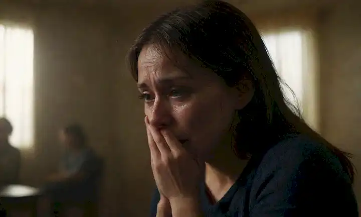 Una persona llorando sola en una habitación encendida, con sombras en su cara, rodeada de espacio vacío, sintiéndose aislada, con lágrimas que fluyen por sus mejillas, transmitiendo tristeza y desesperación