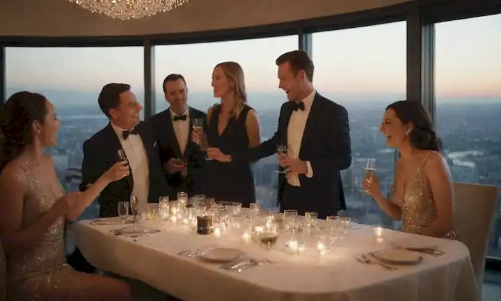 Un grupo de personas que se ríen juntos de una fiesta de lujo, con botellas de champán y velas en una gran mesa, frente a un impresionante skyline de la ciudad, con una pareja abrazando en el centro, mientras que otros están en red e intercambiando tarjetas de visita, todo vestido con estilo formal