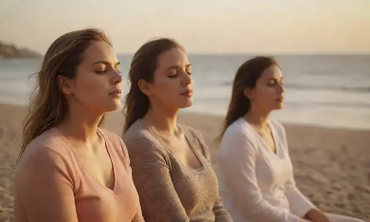 2 mujeres sentadas en una playa al atardecer con ojos cerrados y expresiones faciales relajadas, rodeadas de olas tranquilas, gaviotas volando en el fondo, luz natural sutil, colores cálidos