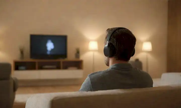 Una persona sentada sola en una habitación con auriculares encendidas, otra a pie del altavoz con una expresión molesta, una televisión jugando suavemente en el fondo, una taza de café cerca, iluminación cálida, diseño interior minimalista