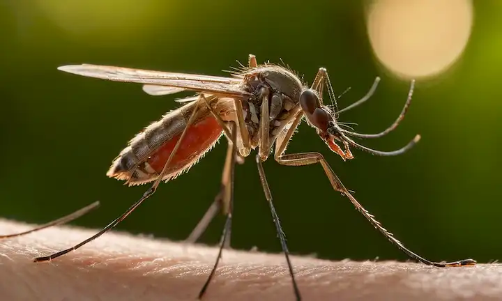Un mosquito grande con un bocado sobredimensionado que flota cerca de un brazo humano con marcas de mordeduras visibles