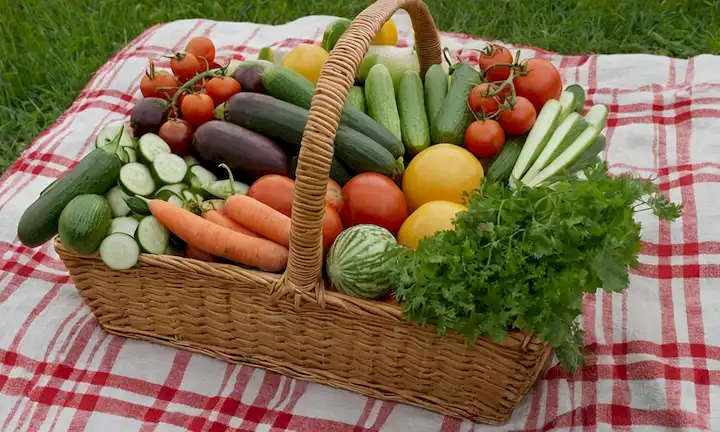 Una escena vibrante y soleada con una cesta de picnic de madera adornada con vegetación fresca, rodeada de verduras coloridas como tomates de cereza, zanahorias y rodajas de pepino dispuestas en un patrón, encima de una manta suave con un diseño sutil