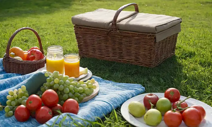 Un entorno escénico al aire libre con una manta, canasta de picnic y productos frescos, con colores vibrantes, incluyendo césped verde, cielo azul, luz solar cálida, enfoque suave y texturas naturales, como madera, tela y hojas