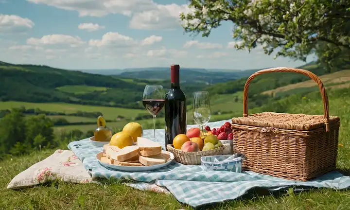 Una manta de picnic con una cesta de mimbre y varios contenedores de comida, un fondo verde con árboles o colinas, un cielo soleado con nubes blancas, unos cuantos sandwiches, frutas, queso, galletas, una botella de agua, una copa de vino, una servilleta y un pequeño jarrón con flores