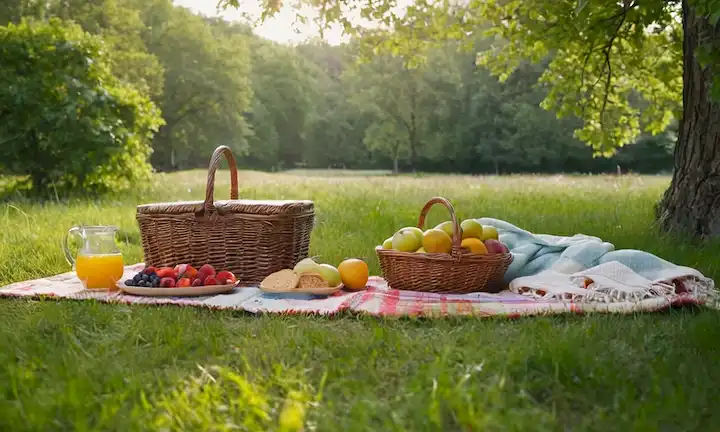 Un prado soleado con hierba verde, algunas flores coloridas, y una gran manta extendida con aperitivos saludables como frutas, queso, galletas y nueces; una cesta de picnic a la distancia, rodeado de árboles o una cerca de madera