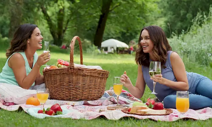 Una escena de picnic con un ambiente cálido de verano, gente riéndose y charlando, una manta extendida con una canasta en el centro, rodeada de exuberante vegetación, unas flores de colores, y un vaso de agua refrescante a mano, con un enfoque sutil en frutas frescas y verduras crujientes