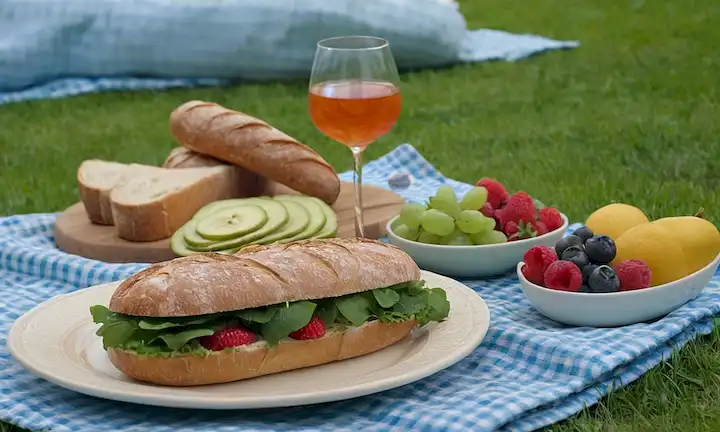 Frutas frescas, verduras vibrantes, quesos coloridos, granola crujiente, sándwiches jugosos, ensaladas refrescantes, baguettes calientes, bayas maduras, agua espumosa, y una manta de picnic con un patrón sutil en color verde y azul