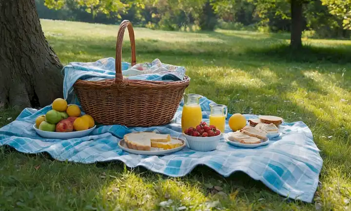 Una escena de picnic con una manta colorida, esparcida con fruta fresca y verduras, una canasta de mimbre llena de quiche y sándwiches, una jarra de limonada, algunas nubes blancas suaves en el cielo azul, una brisa suave frotando las hojas de los árboles cercanos