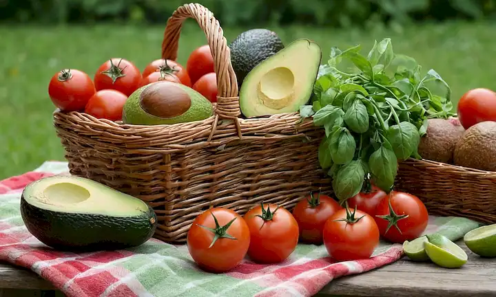 Un día cálido de verano, una exuberante manta verde, aguacates maduros y jugosos tomates, hierbas frescas ramitas, canasta de picnic de madera llena de una variedad de frutas y verduras coloridas, utensilios de madera rústicos, enfoque suave, luz natural, tonos terrenales