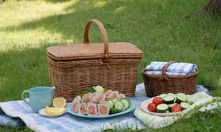 Un día cálido de verano, una manta extendida sobre una ladera pastosa, una canasta de picnic en su centro, llena de atún vibrante y rollos de pepino, flores frescas cercanas, suave luz solar filtrando a través de los árboles, un ambiente relajado