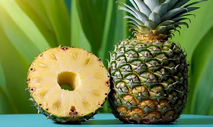 Una piña madura, cortada en la mitad, con unas pocas rodajas faltantes, revelando un interior jugoso y ligeramente translúcido, enmarcado en un fondo azul o verde brillante, con iluminación suave y cálida, rodeada de hojas verdes exuberantes, con unas flores tropicales o hojas dispersas alrededor