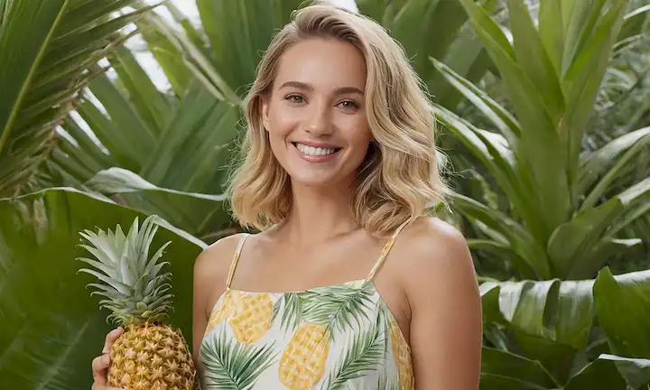 Una ilustración de tono cálido con una mujer sonriente rodeada de vegetación exuberante, sosteniendo una piña amarilla con unas pocas hojas, usando un vestido de color claro, con sutiles elementos de playa o fondo tropical, transmitiendo un sentido de serenidad y felicidad natural, colores suaves, iluminación suave