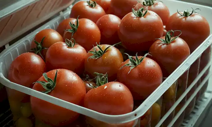 Tomates en un frigorífico, frío y fundido, con hojas cayendo, tallos pálidos y suaves, algunos puntos marrones en la superficie, un sentido de abandono, olvidado entre contenedores de sobras y condimentos caducados, un fondo ligeramente iluminado, sombras proyectadas por el interior refrigerado