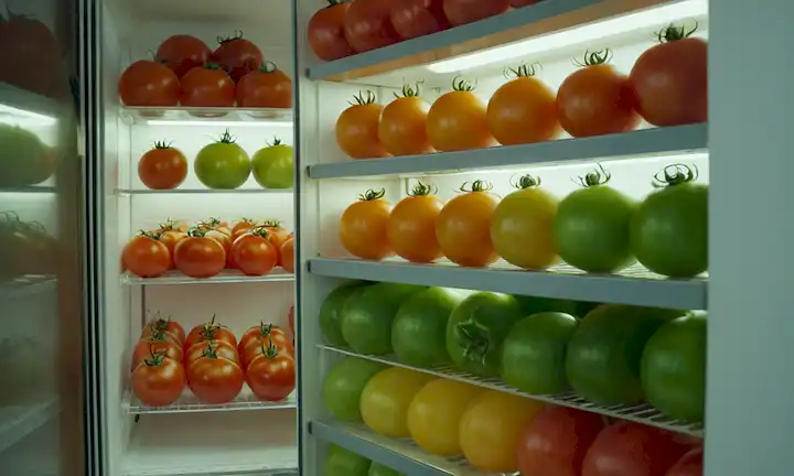 tomates, estantes, contenedores, cocina, refrigerador, madura, unripe, fresco, moho, etapas de crecimiento, variación de color, puertas transparentes, estantes abiertos, almacenamiento organizado, almacenamiento desordenado, fechas vencidas, etiquetas, iconos