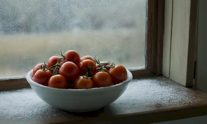 Un tazón lleno de tomates frescos, parcialmente oculto por una ventana escarpada, un toque de copos de nieve fuera, la luz del sol caliente filtrando desde atrás, unas cuantas hojas dispersadas