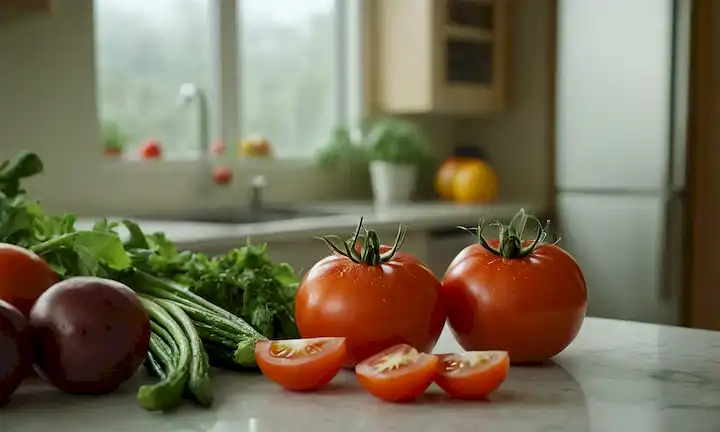 Un tomate maduro en un mostrador de cocina, junto a una puerta de refrigerador abierta con una niebla fría escapando, rodeado de otras verduras y frutas en diferentes etapas de maduración