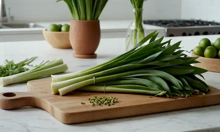 Leeks verdes frescos en un fondo blanco, una tabla de corte de madera con hierbas y unos pocos clavos, una simple mesa de cocina con un jarrón de flores frescas, suave luz cálida y suaves sombras, un sutil toque de tonos terrenales