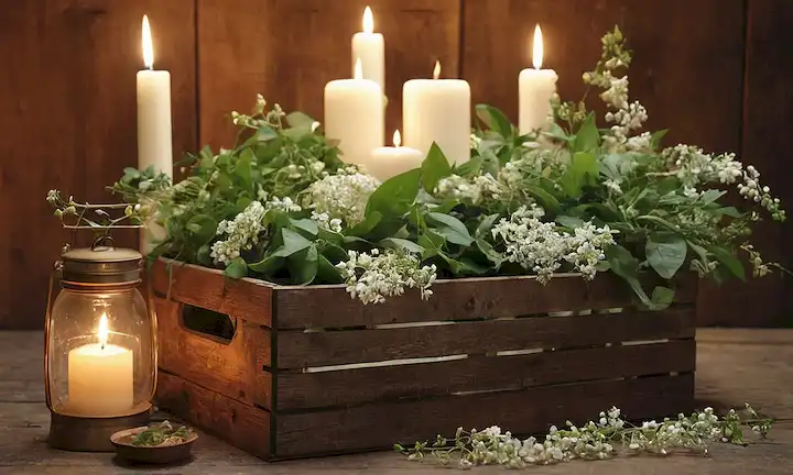 hojas verdes frescas, flores blancas delicadas, suelo terrenal, caja de madera rústica, luz de vela suave, niebla peluda, follaje exuberante, colores vibrantes, arreglo caprichoso